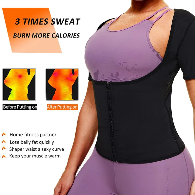 Women Sweat Sauna Body Shaper Vest Heat Trapping Tops Workout Shirts Zipper Jacket Thermo Tees Weight Loss Waist Trainer Corset