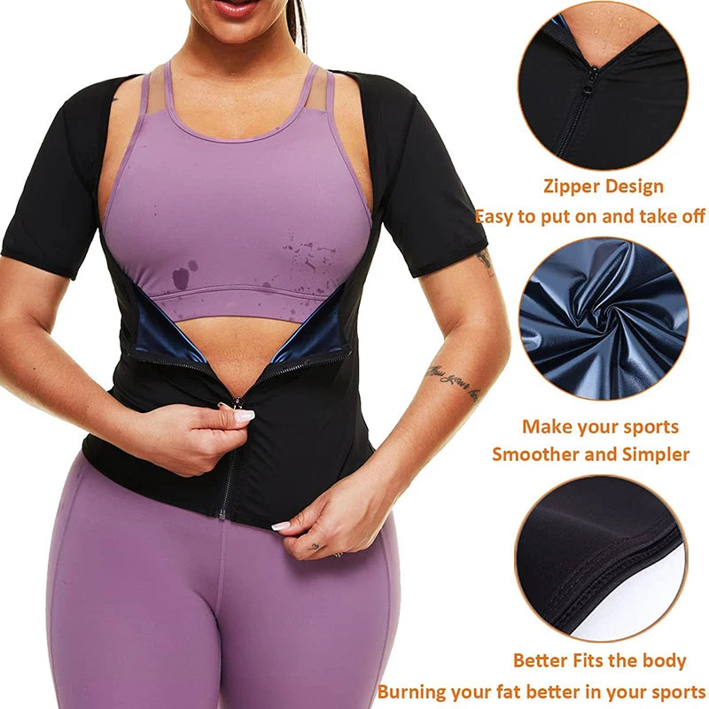 Women Sweat Sauna Body Shaper Vest Heat Trapping Tops Workout Shirts Zipper Jacket Thermo Tees Weight Loss Waist Trainer Corset