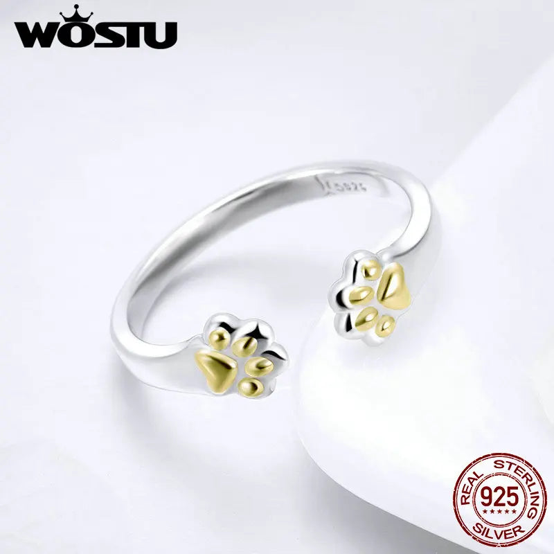 WOSTU Animal Collection 100% 925 Sterling Silver Cat Dog Paw Rings For Women Party Birthday Lovely Brand Jewelry Gift DXR430