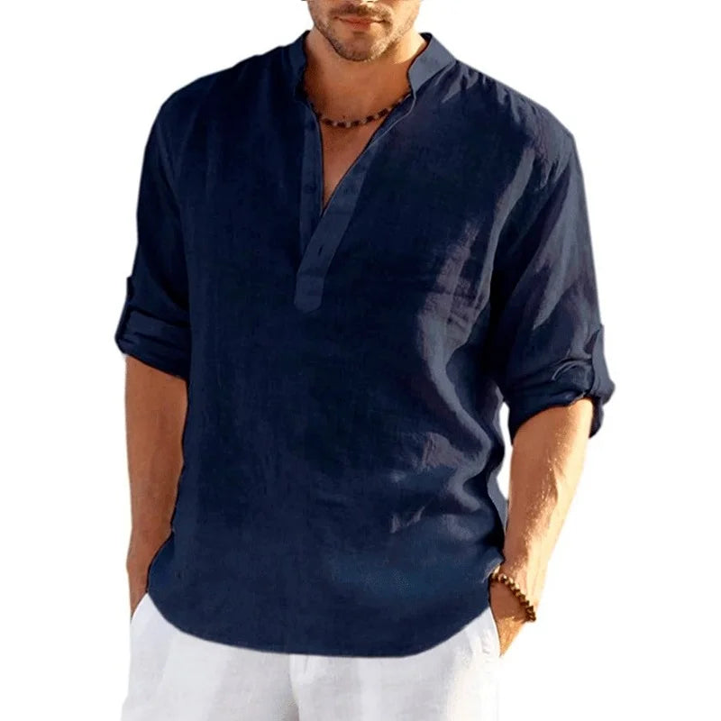 Camisa de Linho Casual para Homens de Verão