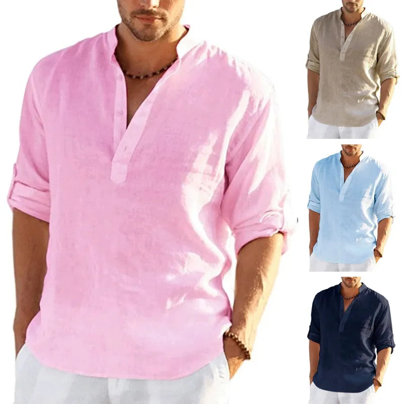 Camisa de Linho Casual para Homens de Verão