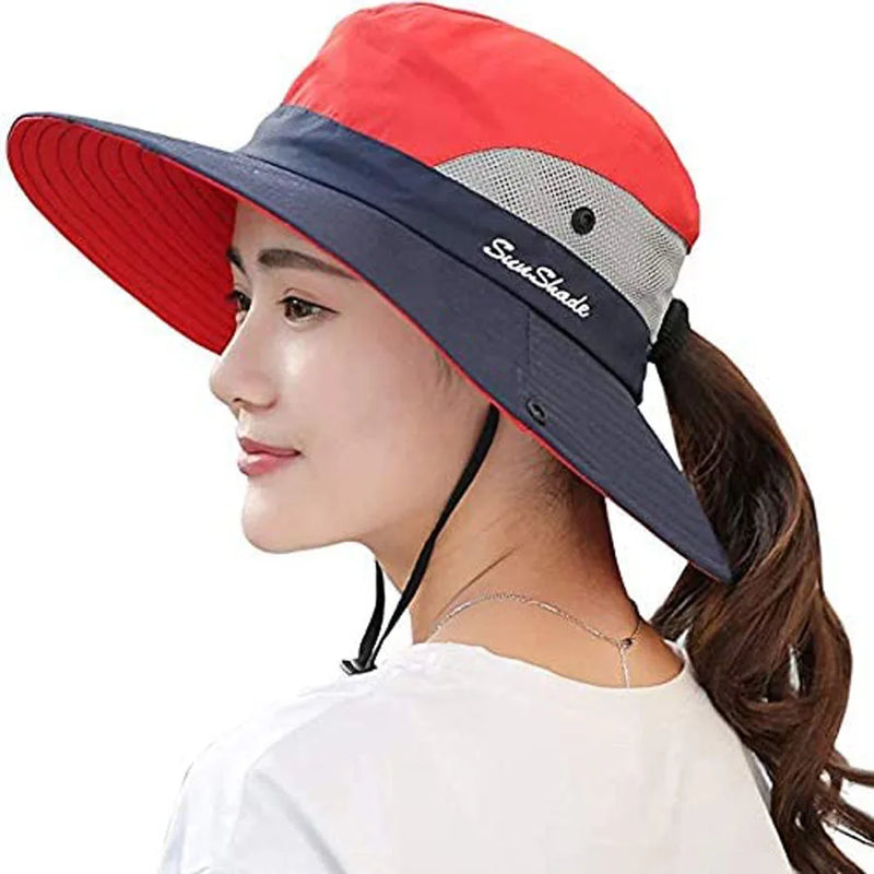 Women's Ponytail Sun Hat UV Protection Adjustable Foldable Mesh Wide Brim Colorblock Fishing Hat 1PCS