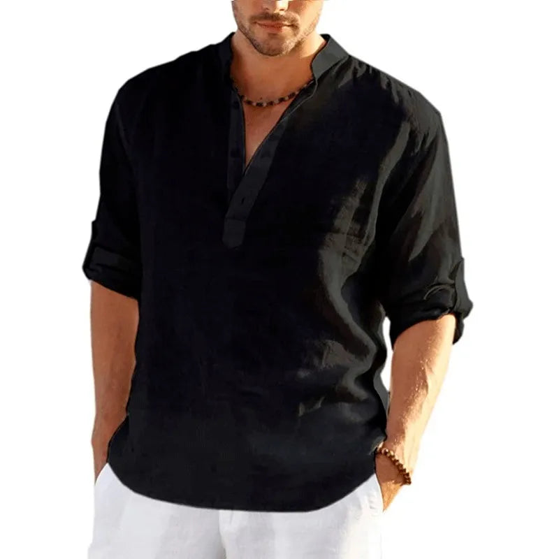 Camisa de Linho Casual para Homens de Verão