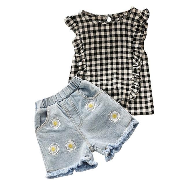 Conjunto Shorts Jeans + Blusa Xadrez - Tamanhos de 1 a 6 anos